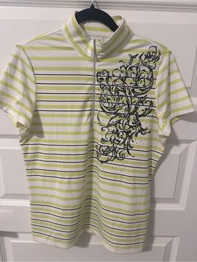 Zenergy ladies Golf Striped Zip Polo with Filigree Detail